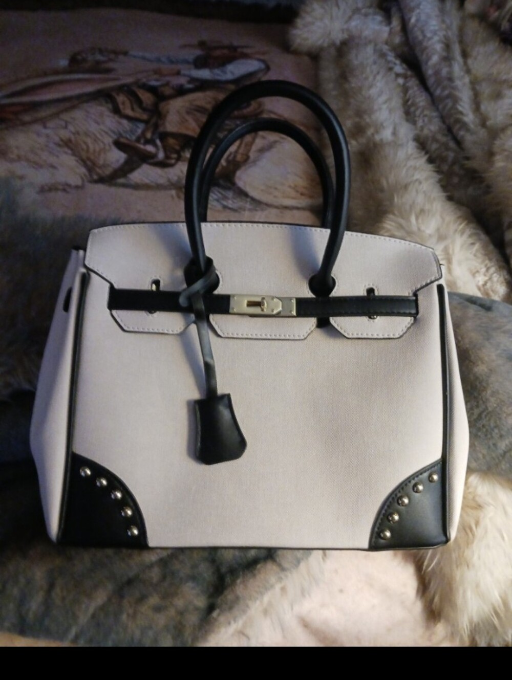 Elegant Two-Tone Beige and Brown Structured Satchel